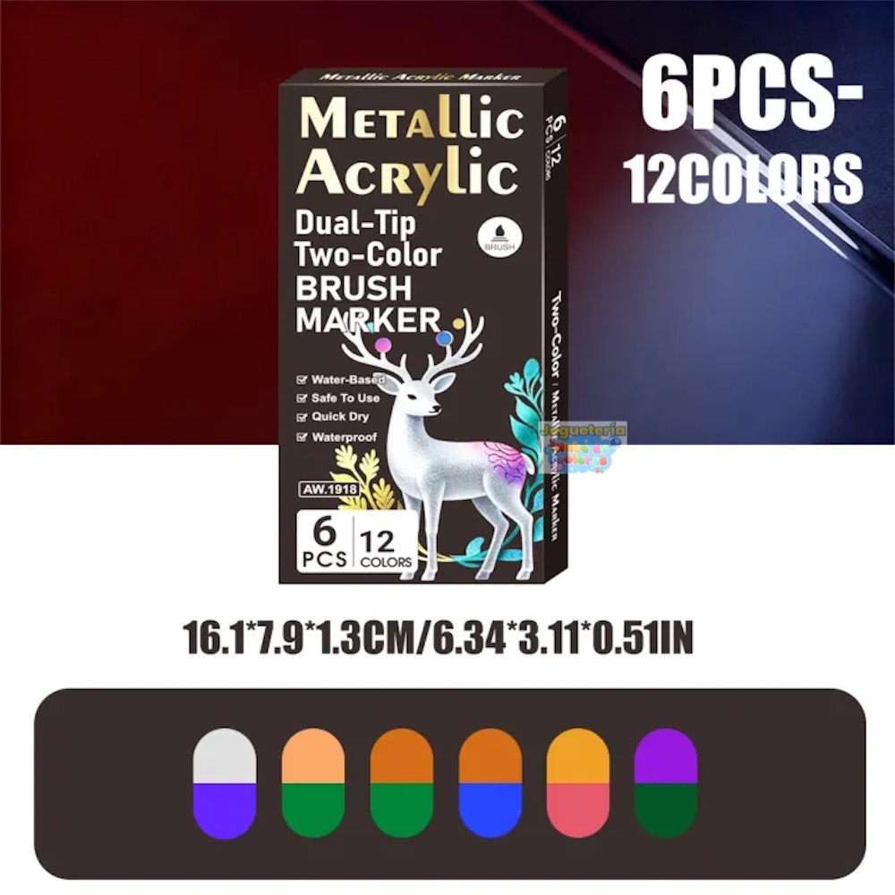 LÁPICES ACRÍLICOS METÁLICOS DUAL - PUNTA PINCEL 12 colores