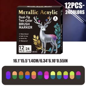 LÁPICES ACRÍLICOS METÁLICOS DUAL - PUNTA PINCEL 24 colores