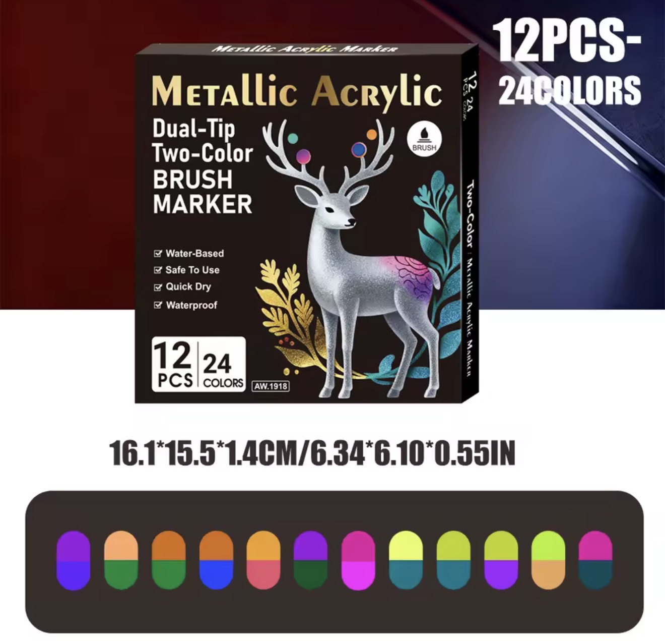 LÁPICES ACRÍLICOS METÁLICOS DUAL - PUNTA PINCEL 24 colores